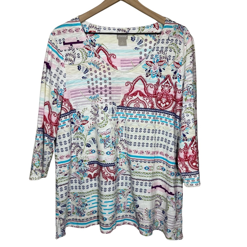 Chico’s LARGE Scoop Neck Bohemian Print 3/4 Sleeve Floral Cotton Modal Paisley